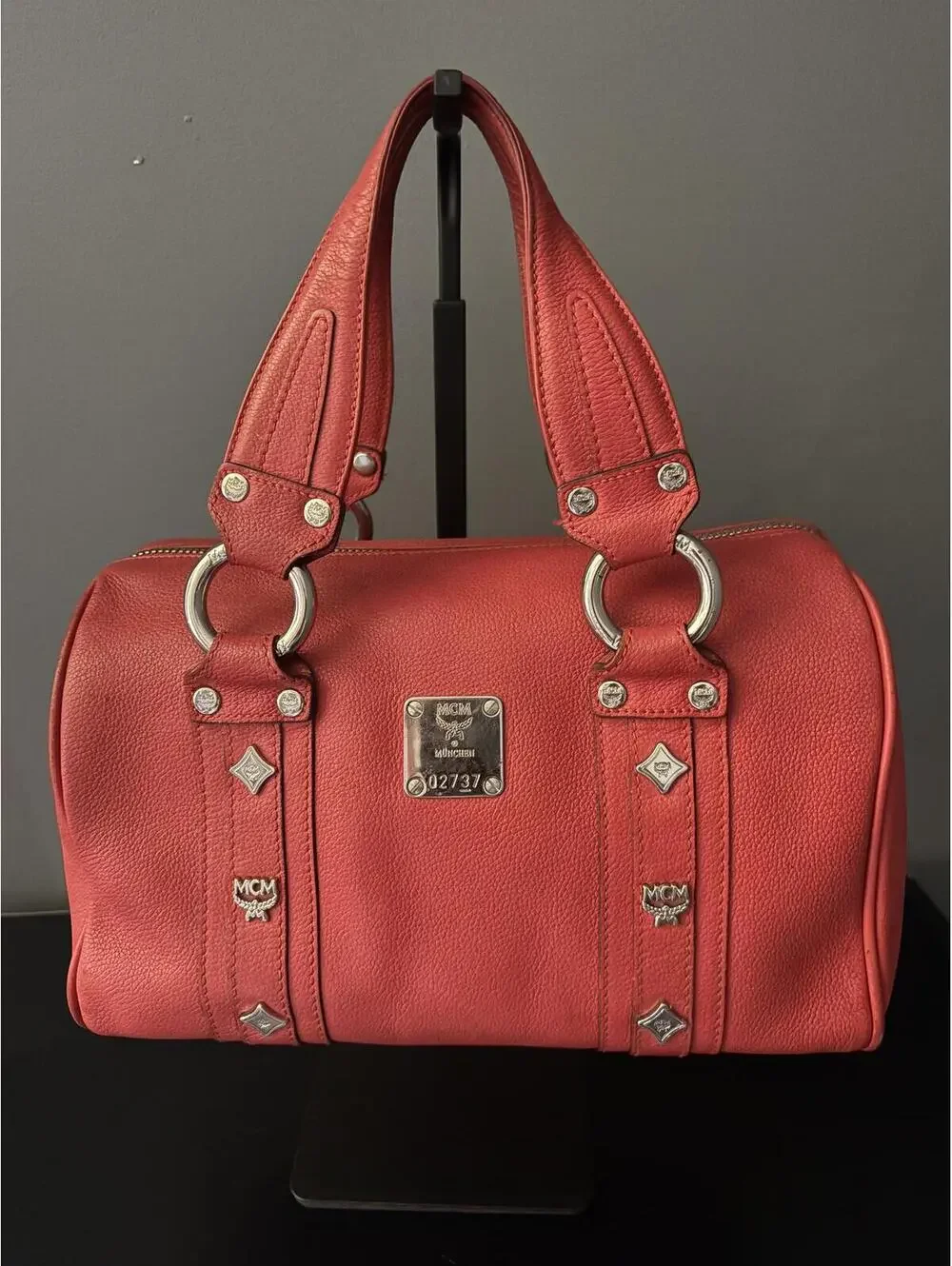 MCM Studded Pebbled Leather Satchel Boston Bag - Coral Red